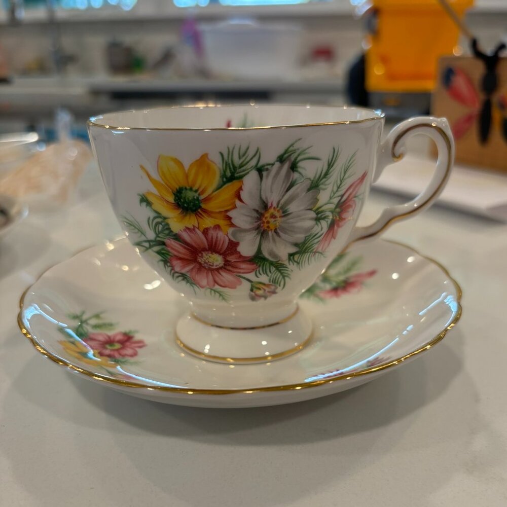 Vintage Tuscan Birthday Flowers Series Teacup and Saucer Set